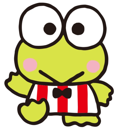 Alt text: Icon of Kerokerokeroppi, a frog with big eyes wearing a striped shirt